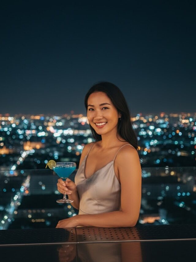 A vibrant rooftop bar overlooking the Phnom Penh skyline at sunset.