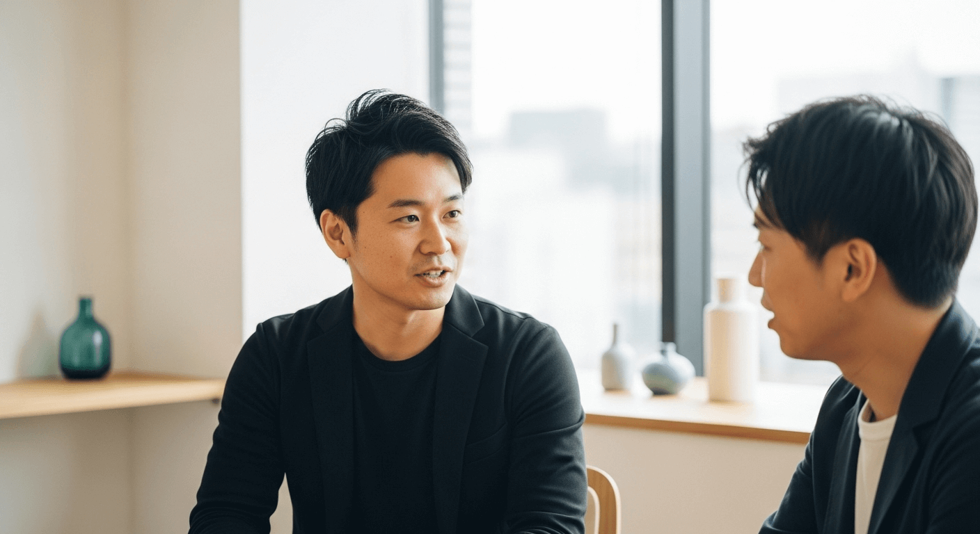 Two Asian professionals in smart casual attire having a genuine, focused discussion in a modern, minimalist office space, reflecting a business partnership.